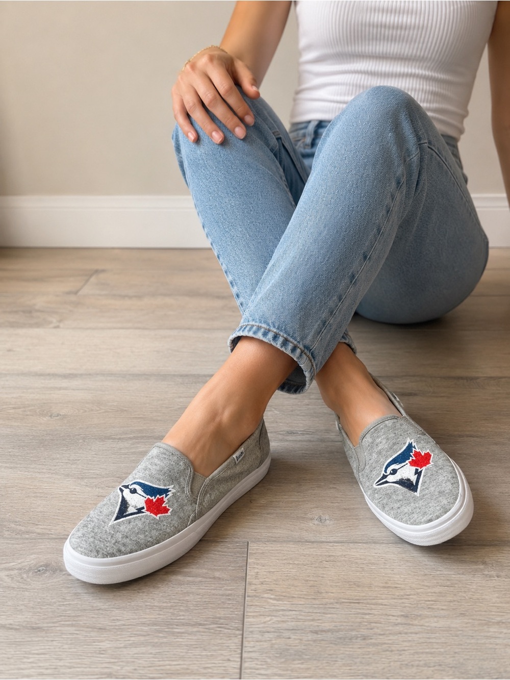Keds Women's Ortholite Gray Slip-On Sneakers with Blue & Red Toronto Blue Jays
